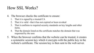 How SSL Works?
4. The browser checks the certificate to ensure:
1. That it is signed by a trusted CA
2. That it is valid - that it has not expired or been revoked
3. That it confirms to required security standards on key lengths and other
items.
4. That the domain listed on the certificate matches the domain that was
requested by the user.
5. When the browser confirms that the website can be trusted, it creates
a symmetric session key which it encrypts with the public key in the
website's certificate. The session key is then sent to the web server.
 