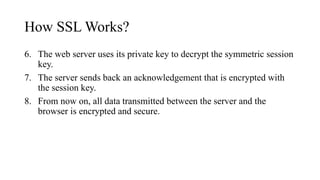 How SSL Works?
6. The web server uses its private key to decrypt the symmetric session
key.
7. The server sends back an acknowledgement that is encrypted with
the session key.
8. From now on, all data transmitted between the server and the
browser is encrypted and secure.
 