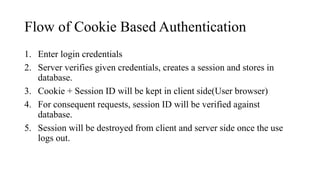 Flow of Cookie Based Authentication
1. Enter login credentials
2. Server verifies given credentials, creates a session and stores in
database.
3. Cookie + Session ID will be kept in client side(User browser)
4. For consequent requests, session ID will be verified against
database.
5. Session will be destroyed from client and server side once the use
logs out.
 