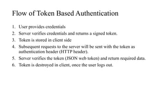Flow of Token Based Authentication
1. User provides credentials
2. Server verifies credentials and returns a signed token.
3. Token is stored in client side
4. Subsequent requests to the server will be sent with the token as
authentication header (HTTP header).
5. Server verifies the token (JSON web token) and return required data.
6. Token is destroyed in client, once the user logs out.
 