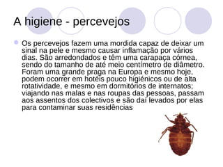 A higiene - percevejos
 Os percevejos fazem uma mordida capaz de deixar um
  sinal na pele e mesmo causar inflamação por vários
  dias. São arredondados e têm uma carapaça córnea,
  sendo do tamanho de até meio centímetro de diâmetro.
  Foram uma grande praga na Europa e mesmo hoje,
  podem ocorrer em hotéis pouco higiénicos ou de alta
  rotatividade, e mesmo em dormitórios de internatos;
  viajando nas malas e nas roupas das pessoas, passam
  aos assentos dos colectivos e são daí levados por elas
  para contaminar suas residências
 