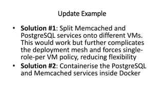 Update Example
• Solution #1: Split Memcached and
PostgreSQL services onto different VMs.
This would work but further complicates
the deployment mesh and forces single-
role-per VM policy, reducing flexibility
• Solution #2: Containerise the PostgreSQL
and Memcached services inside Docker
 