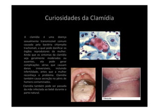 Curiosidades da Clamídia
A  clamídia  é uma  doença 
sexualmente  transmissível  comum 
causada  pela  bactéria  chlamydia 
trachomati, a qual pode danificar os 
órgãos  reprodutores  da  mulher. 
Ainda  que  os  sintomas  da  clamídia 
seja  geralmente  moderados  ou 
ausentes,  ela  pode  gerar 
complicações  sérias  que  causam 
danos  irreversíveis,  incluindo 
infertilidade,  antes  que  a  mulher 
reconheça  o  problema.  Clamídia 
também causa secreção no pênis de 
homens contaminados.
Clamídia  também  pode  ser  passada 
da mãe infectada ao bebê durante o 
parto natural.
 