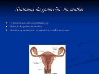 Sintomas da gonorrSintomas da gonorrééia na mulheria na mulher
Os sintomas causados nas mulheres são:Os sintomas causados nas mulheres são:
--SensaSensaçção de queimaão de queimaçção ao urinarão ao urinar
--Aumento de sangramento na vagina nos perAumento de sangramento na vagina nos perííodos menstruaisodos menstruais
 