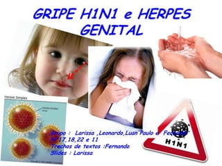 GRIPE H1N1 e HERPES
GENITAL
Grupo : Larissa ,Leonardo,Luan Paulo e Fernando
N°17,18,22 e 11
Trechos de textos :Fernando
Slides : Larissa
 
