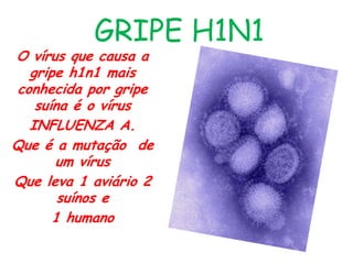 GRIPE H1N1
O vírus que causa a
gripe h1n1 mais
conhecida por gripe
suína é o vírus
INFLUENZA A.
Que é a mutação de
um vírus
Que leva 1 aviário 2
suínos e
1 humano
 
