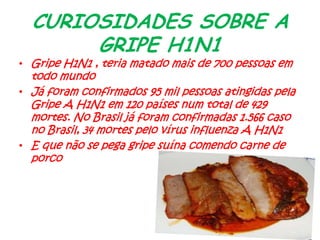 CURIOSIDADES SOBRE A
GRIPE H1N1
• Gripe H1N1 , teria matado mais de 700 pessoas em
todo mundo
• Já foram confirmados 95 mil pessoas atingidas pela
Gripe A H1N1 em 120 países num total de 429
mortes. No Brasil já foram confirmadas 1.566 caso
no Brasil, 34 mortes pelo vírus influenza A H1N1
• E que não se pega gripe suína comendo carne de
porco
 