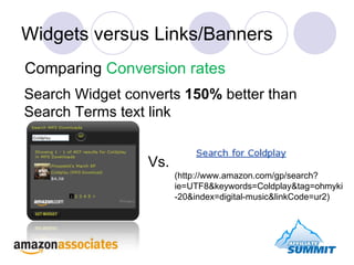 Widgets versus Links/Banners Comparing  Conversion rates Search Widget converts  150%  better than Search Terms text link (http://www.amazon.com/gp/search?ie=UTF8&keywords=Coldplay&tag=ohmyki-20&index=digital-music&linkCode=ur2) Vs. 