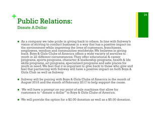 +
Public Relations:
Donate A Dollar
!  As a company we take pride in giving back to others. In line with Subway’s
vision of striving to conduct business in a way that has a positive impact on
the environment while improving the lives of customers, franchisees,
employees, vendors and communities worldwide;We believes in giving
back. Boys & Girls Clubs of America offers a wide variety of services to
youth in all different circumstances.They offer educational & career
programs, sports programs, character & leadership programs, health & life
skills programs, art programs, specialized programs and safe places for
youth in need.We feel that it is important to give back to those who give and
feel that partnering with Subway will have a positive impact on both Boys &
Girls Club as well as Subway.
!  Subway will be pairing with Boys & Girls Clubs of America in the month of
August 2016 and the month of February 2017 to help support the cause.
!  We will have a prompt on our point of sale machines that allow for
customers to “donate a dollar” to Boys & Girls Clubs of America.
!  We will provide the option for a $2.00 donation as well as a $5.00 donation.
24
 