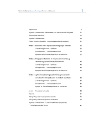 Séptimo Año Básico Educación Tecnológica Ministerio de Educación                             7




                  Presentación                                                           9

                  Objetivos Fundamentales Transversales y su presencia en el programa   11

                  Orientaciones didácticas                                              15

                  Objetivos Fundamentales                                               19

                  Cuadro Sinóptico: Unidades, contenidos y distribución temporal        21

                  Unidad 1: Relaciones entre el producto tecnológico y el ambiente      22

                             Actividades genéricas y ejemplos                           25

                             Procedimientos y criterios de evaluación                   34

                             Ejemplos de actividades específicas de evaluación          37

                  Unidad 2: Uso y aprovechamiento de energías convencionales, y

                             alternativas y uso eficiente de los materiales             40

                             Actividades genéricas y ejemplos                           43

                             Procedimientos y criterios de evaluación                   53

                             Ejemplos de actividades específicas de evaluación          55

                  Unidad 3: Aplicaciones de energías alternativas y recuperación

                             de materiales en la producción de un objeto tecnológico    58

                             Actividades genéricas y ejemplos                           60

                             Procedimientos y criterios de evaluación                   65

                             Ejemplo de actividades específicas de evaluación           68

                  Anexo:     Productos regionales                                       69

                  Glosario                                                              71

                  Bibliografía y referencias para los docentes                          75

                  Bibliografía y referencias para los estudiantes                       79

                  Objetivos Fundamentales y Contenidos Mínimos Obligatorios

                     Quinto a Octavo Año Básico                                         81
 