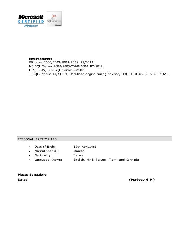 Resume Pradeep SQL DBA