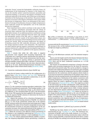 212 B. Das et al. / Carbohydrate Polymers 113 (2014) 208–216
molecules “frozen” around the hydrophobic surfactant chains, (b)
readjustment of the head-group in response to the charge den-
sity on the micellar surface caused by monomer association and
counterion binding, (c) increase in the degrees of freedom of the
surfactant molecules in the micelle, and (d) decrease in the degrees
of freedom of the head-groups at the interface. The present results
indicate an increase in the degrees of freedom of the system. With
the increase in temperature, there is an attenuation in the contri-
bution of entropy of micellization, because at higher temperatures
water molecules around the hydrophobic core of the molecules
become less organized.
Three important factors which contribute to the value of H0
m
are: (a) a positive contribution associated with the release of
structural water molecules from the hydration layer around the
hydrophilic domain, (b) an additional positive contribution arising
from the release of water molecules from the water cage around
the hydrophobic moiety of the SAIL, and (c) a negative contribu-
tion associated with the transfer of the hydrocarbon chains into
the micelle and restoration of the H-bonding structure of the water
around the micelle. With increasing temperature the degree of
H-bonding around the SAIL molecules decreases, and therefore
the energy required to break it also diminishes. The experimen-
tal values indicate that the negative contribution predominates in
aqueous solutions of C16MeImCl over the investigated range of tem-
perature, i.e., micellization of C16MeImCl in the aqueous solution is
exothermic.
Table 2 reveals that while the H0
m value is negative
and becomes more negative with increasing temperature, the
T S0
mvalues are, in general, positive and becomes less positive as
temperature increases. These results demonstrate that the mice-
llization of C16MeImCl in aqueous solution is governed by the
entropy-enthalpy compensation effect, and that it is driven by the
positive entropy. Similar behavior has also been observed previ-
ously by us for pure alkyltrimethylammonium bromides in the
ethylene glycol–water mixed solvent media (Das & Das, 2009).
3.3. Counterion-condensation behavior of pure NaCMC (aq)
Using the de Gennes scaling model for the conﬁguration of a
polyion chain, Colby, Boris, Krause, and Tan (1997) derived the
following expression for the equivalent conductivity ( ) of a PE
solution as a function of concentration (cp)
= f 0
c +
Fzcefcp
2
0
3 Á0
ln
0
e
(8)
where 0
c is the counterion limiting equivalent conductivity, f the
fraction of uncondensed counterions, F the Faraday number, zc the
counterion valence, e the electronic charge, Á0 the solvent viscos-
ity coefﬁcient, 0 the correlation blob size and e the electrostatic
blobs of size. This equation has been applied to the measured vs.
cp data for aqueous NaCMC solutions to determine the fraction of
uncondensed counterions.
Fig. 3 depicts the variation of f as a function of temperature in
aqueous solutions with varying amounts of NaCMC. It is observed
that ca. 71–75% of the counterions remain free in the aqueous
NaCMC solutions within the concentration and temperature ranges
investigated. The values of f are found to marginally increase as the
PE concentration increases at any given temperature. As PE con-
centration increases, the relative permittivity of the medium (ε) is
also known to increase, owing to the polarizability of PEs (Oosawa,
1971). While the increase in the effective relative permittivity of
the medium is not completely understood yet (Mohanty & Zhao,
1996), the experimental evidence is well established (Mandel &
Odijk, 1984). For sodium polystyrenesulfonate (NaPSS), in partic-
ular, the frequency-dependent relative permittivity is known to
0.70
0.72
0.74
0.76
295 300 305 310 315 320
T (K)
f
Fig. 3. Effect of temperature and concentration on the fraction of uncon-
densed counterions in aqueous solutions of NaCMC: 0.00001 monomol L−1
( ),
0.000 monomol L−1
( ), 0.0005 monomol L−1
( ). Lines are used to guide the eye.
increase with the PE concentration (Van der Touw & Mandel, 1974).
The increase in the ε of the medium would result in a decrease in
the Bjerrum length (lB) deﬁned as
lB =
e2
εkBT
(9)
where kB is the Boltzmann constant, and T the absolute tempera-
ture.
Since lB sets the length scale for the distance between the disso-
ciated counterions on the polyion chain (Oosawa, 1971; Manning,
1969), there will be fewer condensed counterions as ε of the
medium increases.
The fraction of uncondensed counterions is found to decrease
slightly with increasing temperature for the three PE concentra-
tions used in the present study. This can be ascribed to a change in
solvation and condensation behavior of counterions upon changing
the temperature. Raising the temperature has the effect of gradual
desolvation for the counterions and the polyions which results in
an increase of counterion condensation on the polyion chain. This is
reﬂected in the decreasing fraction of uncondensed counterions at
higher temperatures. Desolvation of the sodium counterions with
increasing temperature is directly evident from our earlier inves-
tigation where we noted a signiﬁcant increase in their mobility
with temperature (Chatterjee & Das, 2006). This might be ascribed
to the decreasing size of their solvodynamic entity and hence an
increasing surface charge densities resulting in a greater mobility
under the action of the applied electric ﬁeld. A similar behavior
was also observed for aqueous solutions of sodium and potassium
dextran sulfates (Beyer & Nordmeier, 1995) where an increase in
the charge density parameter deﬁned as the ratio of the Bjerrum
length to the contour distance per unit charge on the polyion (and
hence, according to Eq. (9), a decrease in the fraction of uncon-
densed counterions) was reported with the rise of temperature.
Similar results were observed with NaCMC (Chatterjee, Das, & Das,
2012) and NaPSS (Ghosh, Bhattarai, & Das, 2009) in mixed-solvent
media earlier.
3.4. Aggregation behavior C16MeImCl (aq) in presence of NaCMC
NaCMC(aq) has been shown to be surface inactive below a
concentration of 7 g L−1(Guillot et al., 2003). The maximum con-
centration of NaCMC used in this study, however, is ca. 0.16 g L−1
which is much below the limiting concentration above which the
surface activity of NaCMC is reported to be observed. Hence, surface
activity of NaCMC has nothing to do with the observed complexity
 