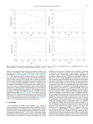B. Das et al. / Carbohydrate Polymers 113 (2014) 208–216 215
-50
-40
-30
-20
-10
0
295 300 305 310 315 320
T (K)
Energy(kJmol
-1
)
-50
-40
-30
-20
-10
0
295 300 305 310 315 320
T (K)
Energy(kJmol
-1
)
-50
-40
-30
-20
-10
0
295 300 305 310 315 320
T (K)
Energy(kJmol
-1
)
-50
-40
-30
-20
-10
0
295 300 305 310 315 320
T (K)
Energy(kJmol
-1
)
a b
c d
Fig. 5. Thermodynamic parameters of micellization of C16MeImCl (a) in water, and in presence of (b) 0.00001 monomol L−1
, (c) 0.00005 monomol L−1
, and (d)
0.00010 monomol L−1
of NaCMC (aq) at different temperatures: G0
m ( ), H0
m ( ), −T S0
m ( ).
280 K. It was suggested that this value in aqueous solution was
expected to lie between 270 and 294 K for processes dominated
by hydration (Lumry & Rajender, 1970; Sulthana, Bhat, & Rakshit,
1997). Our observed value for aqueous solution of C16MeImCl is,
thus, well within this stipulated range. Here micellization depends
upon the bulk structure of the solvent. The Tc values are found to
decrease with the addition of NaCMC to aqueous C16MeImCl solu-
tion. Tc value in presence of 0.00001 monomol L−1 NaCMC (275 K)
lies between 270 and 294 K. This means that the micellization pro-
cess in this system is still governed by the same structural property
of pure water, and the presence of NaCMC only has a minor effect on
the solute-solvent interactions. However, the variations observed
in presence of 0.0001 and 0.0005 monomol L−1 NaCMC as well as
those observed earlier (Sharma & Rakshit, 1989) may be due to the
difference of the bulk structural property of the solution from that
of the water. It is, however, worth mentioning that the linearity in
H0
m vs. S0
m plots should not be overinterpreted (Krug, Hunter, &
Grieger, 1976), though this linearity is quite often seen.
4. Conclusions
The interaction of NaCMC with C16MeImCl was studied in
aqueous solution using conductometry and tensiometry. The ion-
association behavior of C16MeImCl (aq) in the premicellar regime,
and the counterion condensation behavior of NaCMC (aq) was also
investigated. Approximately 71–75% of the counterions remain
uncondensed in the aqueous NaCMC solutions within the NaCMC
concentration and temperature ranges investigated. The results
indicated the formation of surface-active complexes consisting
of surfactant monomers bound to the polyion backbone, and
non-surface active necklace-like polyion-micellar aggregates in
C16MeImCl–NaCMC solutions. This process exhibited a minimum,
referred to as the critical aggregation concentration, in the ten-
siogram which marks the boundary between the formation of these
two species with different surface activities. The concentration at
which the polyion chains are saturated with the PE-bound micel-
lar aggregates, referred to as the polymer saturation concentration,
has been identiﬁed as a maximum in the tensiogram beyond criti-
cal aggregation concentration. In C16MeImCl–NaCMC system, free
C16MeImCl micelles appear above the apparent critical micelliza-
tion concentration, which is appreciably higher than the ordinary
critical micellization concentration in pure C16MeImCl solutions.
The thermodynamic parameters for micelle formation of aqueous
C16MeImCl were estimated both in absence and in the presence of
NaCMC. The contribution of the entropy terms to the free energy
of micellization always predominates over that of the enthalpy
terms. The enthalpy–entropy compensation effect in C16MeImCl
and C16MeImCl–NaCMC systems provided important insight as to
how micellization processes are governed by the bulk structural
property of the solution with respect to that of the water. The
variation of the aggregation behavior of C16MeImCl with vary-
ing amounts of added NaCMC as demonstrated in the present
study, would be expected to modulate the antimicrobial activity of
C16MeImCl since the antimicrobial activity of SAILs is greatly inﬂu-
enced by their aggregation behavior. The present results might,
therefore, initiate further studies on the antimicrobial activity of
 