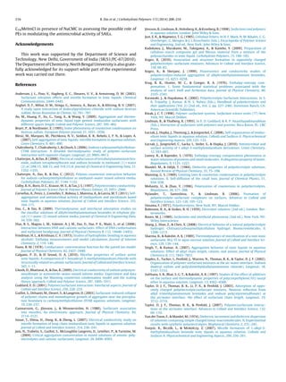 216 B. Das et al. / Carbohydrate Polymers 113 (2014) 208–216
C16MeImCl in presence of NaCMC in assessing the possible role of
PEs in modulating the antimicrobial activity of SAILs.
Acknowledgements
This work was supported by the Department of Science and
Technology, New Delhi, Government of India (SR/S1/PC-67/2010).
The Department of Chemistry, North Bengal University is also grate-
fully acknowledged for its support while part of the experimental
work was carried out there.
References
Anderson, J. L., Pino, V., Hagberg, E. C., Sheares, V. V., & Armstrong, D. W. (2003).
Surfactant solvation effects and micelle formation in ionic liquids. Chemical
Communications, 2444–2445.
Anghel, D. F., Mihai, D. M., Stinga, G., Iovescu, A., Baran, A., & Klitzing, R. V. (2007).
A study upon interaction of dodecylpyridinium chloride with sodium dextran
sulfate. Revue Roumaine de Chemie, 52, 781–787.
Ao, M., Huang, P., Xu, G., Yang, X., & Wang, Y. (2009). Aggregation and thermo-
dynamic properties of ionic liquid type gemini imidazolim surfactants with
different spacer length. Colloid and Polymer Science, 287, 395–402.
Beyer, P., & Nordmeier, E. (1995). Some phenomena of counterion condensation on
dextran sulfate. European Polymer Journal, 31, 1031–1036.
Blesic, M., Marques, M., Plechkova, N. V., Seddon, K. R., Rebelo, L. P. N., & Lopes, A.
(2007). Self-aggregation of ionic liquids: micellle formation in aqueous solution.
Green Chemistry, 9, 481–490.
Chakraborty, T., Chakraborty, I., & Ghosh, S. (2006). Sodium carboxymethylcellulose-
CTAB interaction: A detailed thermodynamic study of polymer-surfactant
interaction with opposite charges. Langmuir, 22, 9905–9913.
Chatterjee, A., & Das, B. (2006). Electrical conductances of tetrabutylammonium bro-
mide, sodium tetraphenylborate and sodium bromide in methanol (1) + water
(2) at (298.15, 308.15, and 318.15) K. Journal of Chemical & Engineering Data, 51,
1352–1355.
Chatterjee, A., Das, B., & Das, C. (2012). Polyion–counterion interaction behavior
for sodium carboxymethylcellulose in methanol–water mixed solvent media.
Carbohydrate Polymers, 87, 1144–1152.
Colby, R. H., Boris, D. C., Krause, W. E., & Tan, J. S. (1997). Polyelectrolyte conductivity.
Journal of Polymer Science Part B: Polymer Physics Edition, 35, 2951–2960.
Cornellas, A., Perez, L., Comelles, F., Robosa, I., Manresa, A., & Garcia, M. T. (2011). Self-
aggregation and antimicrobial activity of imidazolium and pyridinium based
ionic liquids in aqueous solution. Journal of Colloid and Interface Science, 355,
164–171.
Das, C., & Das, B. (2009). Thermodynamic and interfacial adsorption studies on
the micellar solutions of alkyltrimethylammonium bromides in ethylene gly-
col (1) + water (2) mixed solvent media. Journal of Chemical & Engineering Data,
54, 559–565.
Dias, R. S., Magno, L. M., Valente, A. J. M., Das, D., Das, P. K., Maiti, S., et al. (2008).
Interaction between DNA and cationic surfactants: Effect of DNA conformation
and surfactant headgroup. Journal of Physical Chemistry B, 112, 14446–14452.
Friedman, H. L., & Krishnan, C. V. (1973). Studies of hydrophobic bonding in aqueous
alcohols: Enthalpy measurements and model calculations. Journal of Solution
Chemistry, 2, 119–140.
Fuoss, R. M. (1978). Conductance–concentration function for the paired ion model.
Journal of Physical Chemistry, 82, 2427–2440.
Galgano, P. D., & El Seoud, O. A. (2010). Micellar properties of surface active
ionic liquids: A comparison of 1-hexadecyl-3-methylimidazolium chloride with
structurally related to cationic surfactants. Journal of Colloid and Interface Science,
345, 1–11.
Ghosh, D., Bhattarai, A., & Das, B. (2009). Electrical conductivity of sodium polystyre-
nesulfonate in acetonitrile–water-mixed solvent media: Experiment and data
analysis using the Manning counterion condensation model and the scaling
theory approach. Colloid and Polymer Science, 287, 1005–1011.
Goddard, E. D. (2001). Polymer/surfactant interaction: Interfacial aspects. Journal of
Colloid and Interface Science, 256, 228–235.
Guillot, S., Delsanti, M., Desert, S., & Langevin, D. (2003). Surfactant-induced collapse
of polymer chains and monodisperse growth of aggregates near the precipita-
tion boundary in carboxymethylcellulose–DTAB aqueous solutions. Langmuir,
19, 230–237.
Gunnarsson, G., Jönsson, J., & Wennerström, H. (1980). Surfactant association
into micelles. An electrostatic approach. Journal of Physical Chemistry, 84,
3114–3121.
Inoue, T., Ebina, H., Dong, B., & Zheng, L. (2007). Electrical conductivity study on
micelle formation of long-chain imidazolium ionic liquids in aqueous solution.
Journal of Colloid and Interface Science, 314, 236–241.
Jain, N., Trabelsi, S., Guillot, S., McLoughlin Langevin, D., Letellier, P., & Turmine, M.
(2004). Critical aggregation concentration in mixed solutions of anionic poly-
electrolytes and cationic surfactants. Langmuir, 20, 8496–8503.
Jönsson, B., Lindman, B., Holmberg, K., & Kronberg, B. (1998). Surfactants and polymers
in aqueous solution. London: John Wiley & Sons.
Just, E. K., & Majewicz, T. G. (1985). Cellulose Ethers. In H. F. Mark, N. M. Bikales, C. G.
Overberger, G. Menges, & J. I. Kroschwitz (Eds.), Encyclopedia of Polymer Science
and Engineering, 2nd ed., New York: John Wiley & Sons.
Kadokawa, J., Murakami, M., Takegawa, A., & Kaneko, Y. (2009). Preparation of
cellulose–starch composite gel and ﬁbrous material from a mixture of the
polysaccharides in ionic liquid. Carbohydrate Polymers, 75, 180–183.
Kogez, K. (2010). Association and structure formation in oppositely charged
polyelectrolyte–surfactant mixtures. Advances in Colloid and Interface Science,
158, 68–83.
Kogez, K., & Skerjanc, J. (1999). Fluorescence and conductivity studies of
polyelectrolyte-induced aggregation of alkyltrimethylammonium bromides.
Langmuir, 15, 4251–4258.
Krug, R. R., Hunter, W. C., & Grieger, R. A. (1976). Enthalpy–entropy com-
pensation. 1. Some fundamental statistical problems associated with the
analysis of van’t Hoff and Arrhenius data. Journal of Physical Chemistry, 80,
2335–2341.
Kurawaki, J., & Hayakawa, K. (2002). Polyelectrolyte-Surfactant Interactions. In S.
K. Tripathy, J. Kumar, & H. S. Nalwa (Eds.), Handbook of polyelectrolytes and
their applications (Vol. 2) (2nd ed., Vol. 2, pp. 227–248). Stevenson Ranch, CA:
American Scientiﬁc Publishers.
Kwak, J. C. T. (1998). Polymer–surfactant systems. Surfactant science series (77) New
York, NY: Marcel Dekker.
Lindman, B., & Thalberg, K. (1993). In E. D. Goddard, & K. P. Ananthapadmanabhan
(Eds.), Interaction of surfactants with polymers and proteins. Boca Raton, FL: CRC
Press.
Łuczak, J., Hupka, J., Thoming, J., & Jungnickel, C. (2008). Self-organization of imidaz-
olium ionic liquids in aqueous solution. Colloids and Surfaces A: Physicochemical
and Engineering Aspects, 329, 125–133.
Łuczak, J., Jungnickel, C., Łacka, I., Stolte, S., & Hupka, J. (2010). Antimicrobial and
surface activity of 1-alkyl-3-methylimidazolium derivatives. Green Chemistry,
12, 593–601.
Lumry, R., & Rajender, S. (1970). Enthalpy–entropy compensation phenomena in
water solutions of proteins and small molecules: A ubiquitous property of water.
Biopolymers, 9, 1125–1227.
Mandel, M., & Odijk, T. (1984). Dielectric properties of polyelectrolyte solutions.
Annual Review of Physical Chemistry, 35, 75–108.
Manning, G. S. (1969). Limiting laws & counterion condensation in polyelectrolyte
solutions. II. Self-diffusion of the small ions. Journal of Chemical Physics, 51,
934–938.
Mohanty, U., & Zhao, Y. (1996). Polarization of counterions in polyelectrolytes.
Biopolymers, 38, 377–388.
Nylander, T., Samoshina, Y., & Lindman, B. (2006). Formation of
polyelectrolyte–surfactant complexes on surfaces. Advances in Colloid and
Interface Science, 123–126, 105–123.
Oosawa, F. (1971). Polyelectrolytes. New York, NY: Marcel Dekker.
Robinson, R. A., & Stokes, R. H. (1959). Electrolyte solutions (2nd ed.). London: But-
terworths.
Rosen, M. J. (1989). Surfactants and interfacial phenomena (2nd ed.). New York, NY:
Wiley-Interscience.
Shang, J., Shao, Z., & Chen, X. (2008). Electrical behavior of a natural polyelectrolyte
hydrogel: Chitisan/carboxymethylcellulose hydrogel. Biomacromolecules, 9,
1208–1213.
Sharma, B., & Rakshit, A. K. (1989). Thermodynamics of micellization of a non-ionic
surfactant: Brij 35 in aquo-sucrose solution. Journal of Colloid and Interface Sci-
ence, 129, 139–144.
Singh, T., & Kumar, A. (2007). Aggregation behavior of ionic liquids in aqueous
solutions: Effect of alkyl chain length, cations, and anions. Journal of Physical
Chemistry B, 111, 7843–7851.
Staples, E., Tucker, I., Penfold, J., Warren, N., Thomas, R. K., & Taylor, D. J. F. (2002).
Organization of polymer-surfactant mixtures at the air-water interface: Sodium
dodecyl sulfate and poly(dimethyldiallylammonium chloride). Langmuir, 18,
5147–5153.
Sulthana, S. B., Bhat, S. G. T., & Rakshit, A. K. (1997). Studies of the effect of additives
on the surface and thermodynamic properties of poly(oxyethylene(10)) lauryl
ether in aqueous solution. Langmuir, 13, 4562–4568.
Taylor, D. J. F., Thomas, R. K., Li, P. X., & Penfold, J. (2003). Adsorption of oppo-
sitely charged polyelectrolyte/surfactant mixtures. Neutron reﬂection from
alkyl trimethylammonium bromides and sodium poly(styrenesulfonate) at
the air/water interface: the effect of surfactant chain length. Langmuir, 19,
3712–3719.
Taylor, D. J. F., Thomas, R. K., & Penfold, J. (2007). Polymer/surfactant interac-
tions at the air/water interface. Advances in Colloid and Interface Science, 132,
69–110.
Van der Touw, F., & Mandel, M. (1974). Dielectric increment and dielectric dispersion
of solutions containing simple charged linear macromolecules: II. Experimental
results with synthetic polyelectrolytes. Biophysical Chemistry, 2, 231–241.
Vanyúr, R., Biczók, L., & Miskolczy, Z. (2007). Micelle formation of 1-alkyl-3-
methylimidazolium bromide ionic liquids in aqueous solution. Colloids and
Surfaces A: Physicochemical and Engineering Aspects, 299, 256–261.
 