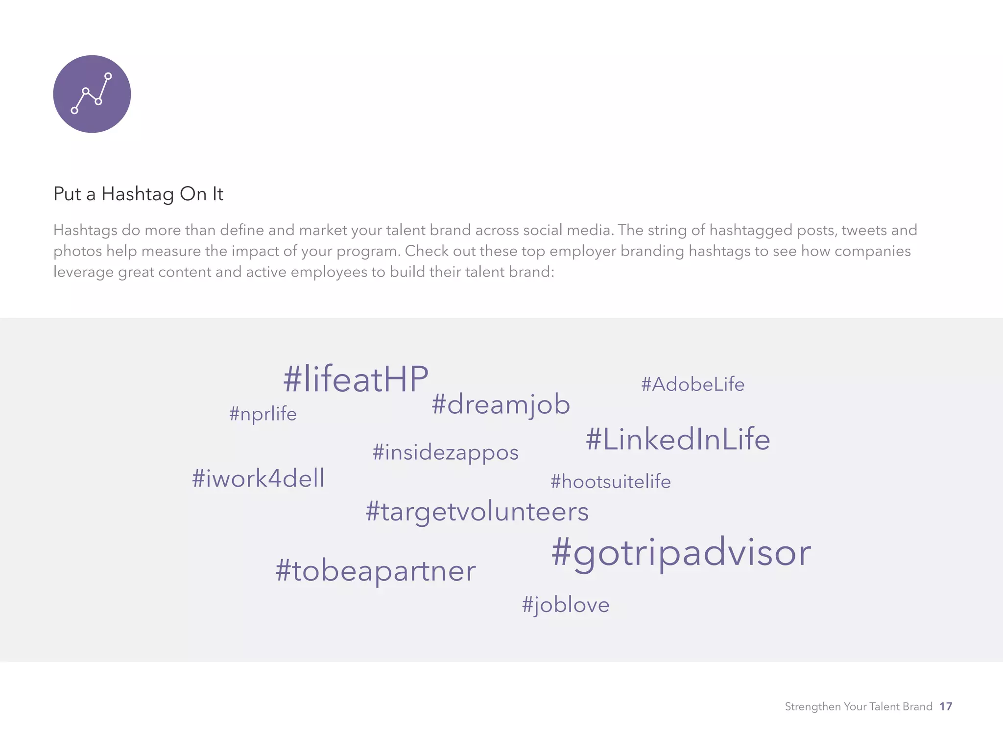 Put a Hashtag On It
Hashtags do more than define and market your talent brand across social media. The string of hashtagged posts, tweets and
photos help measure the impact of your program. Check out these top employer branding hashtags to see how companies
leverage great content and active employees to build their talent brand:
#lifeatHP
#dreamjob
#AdobeLife
#LinkedInLife#insidezappos
#nprlife
#iwork4dell
#targetvolunteers
#hootsuitelife
#gotripadvisor#tobeapartner
#joblove
Strengthen Your Talent Brand 17
 