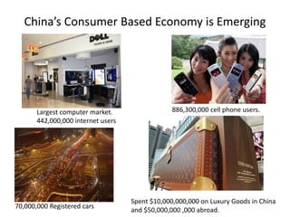 China’s Consumer Based Economy is Emerging
Largest computer market.
442,000,000 internet users
886,300,000 cell phone users.
70,000,000 Registered cars
Spent $10,000,000,000 on Luxury Goods in China
and $50,000,000 ,000 abroad.
 