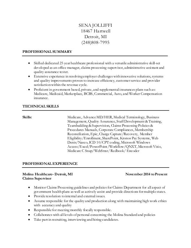 medical claims processor resume