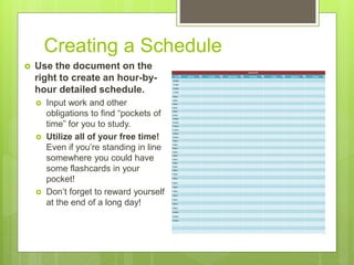 Creating a Schedule
Spring 2016
Time Monday Tuesday Wednesday Thursday Friday Saturday Sunday
5:00am
5:30am
6:00am
6:30am
7:00am
7:30am
8:00am
8:30am
9:00am
9:30am
10:00am
10:30am
11:00am
11:30am
12:00pm
12:30pm
1:00pm
1:30pm
2:00pm
2:30pm
3:00pm
3:30pm
4:00pm
4:30pm
5:00pm
5:30pm
6:00pm
6:30pm
7:00pm
7:30pm
8:00pm
8:30pm
9:00pm
9:30pm
10:00pm
10:30pm
11:00pm
 Use the document on the
right to create an hour-by-
hour detailed schedule.
 Input work and other
obligations to find “pockets of
time” for you to study.
 Utilize all of your free time!
Even if you’re standing in line
somewhere you could have
some flashcards in your
pocket!
 Don’t forget to reward yourself
at the end of a long day!
 