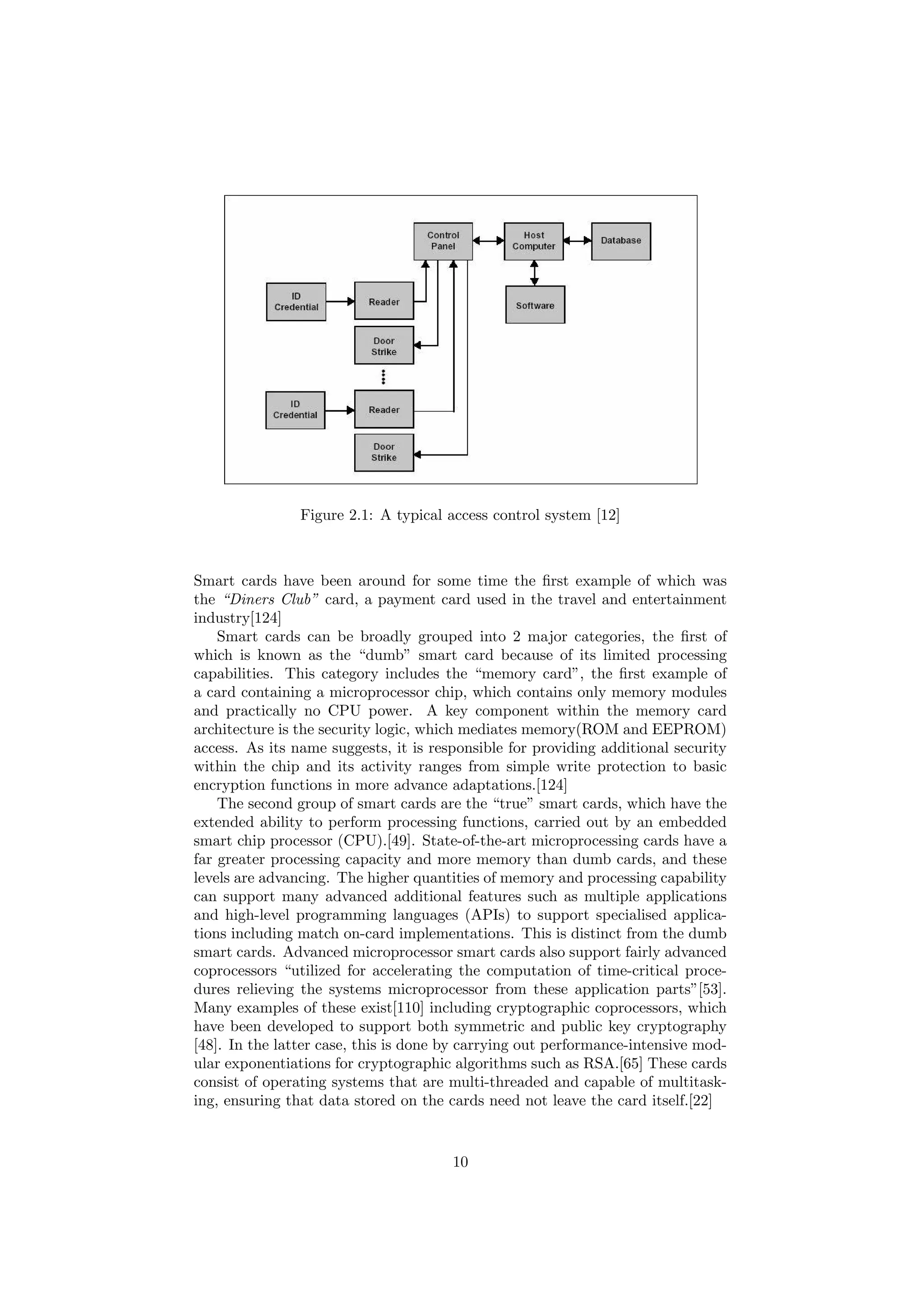 Figure 2.1: A typical access control system [12]
Smart cards have been around for some time the ﬁrst example of which was
the “Diners Club” card, a payment card used in the travel and entertainment
industry[124]
Smart cards can be broadly grouped into 2 major categories, the ﬁrst of
which is known as the “dumb” smart card because of its limited processing
capabilities. This category includes the “memory card”, the ﬁrst example of
a card containing a microprocessor chip, which contains only memory modules
and practically no CPU power. A key component within the memory card
architecture is the security logic, which mediates memory(ROM and EEPROM)
access. As its name suggests, it is responsible for providing additional security
within the chip and its activity ranges from simple write protection to basic
encryption functions in more advance adaptations.[124]
The second group of smart cards are the “true” smart cards, which have the
extended ability to perform processing functions, carried out by an embedded
smart chip processor (CPU).[49]. State-of-the-art microprocessing cards have a
far greater processing capacity and more memory than dumb cards, and these
levels are advancing. The higher quantities of memory and processing capability
can support many advanced additional features such as multiple applications
and high-level programming languages (APIs) to support specialised applica-
tions including match on-card implementations. This is distinct from the dumb
smart cards. Advanced microprocessor smart cards also support fairly advanced
coprocessors “utilized for accelerating the computation of time-critical proce-
dures relieving the systems microprocessor from these application parts”[53].
Many examples of these exist[110] including cryptographic coprocessors, which
have been developed to support both symmetric and public key cryptography
[48]. In the latter case, this is done by carrying out performance-intensive mod-
ular exponentiations for cryptographic algorithms such as RSA.[65] These cards
consist of operating systems that are multi-threaded and capable of multitask-
ing, ensuring that data stored on the cards need not leave the card itself.[22]
10
 