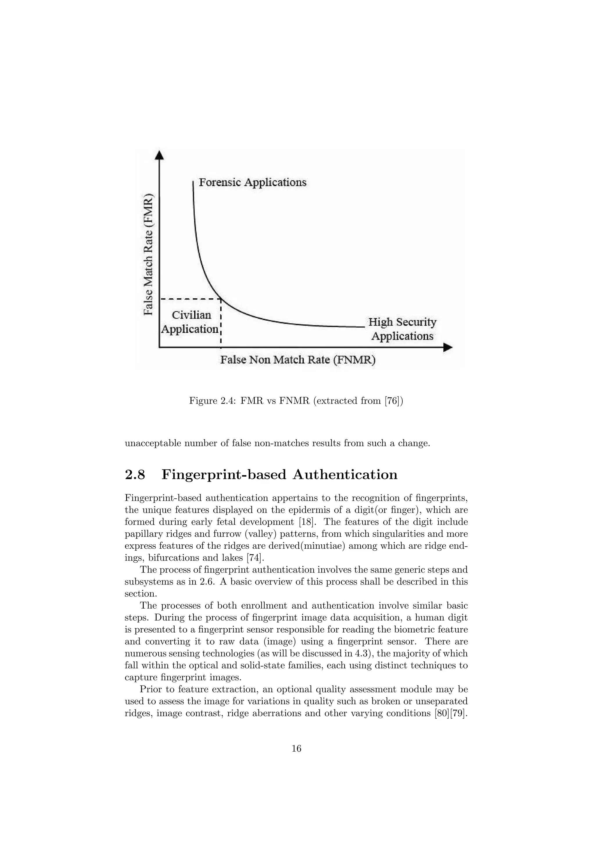 Figure 2.4: FMR vs FNMR (extracted from [76])
unacceptable number of false non-matches results from such a change.
2.8 Fingerprint-based Authentication
Fingerprint-based authentication appertains to the recognition of ﬁngerprints,
the unique features displayed on the epidermis of a digit(or ﬁnger), which are
formed during early fetal development [18]. The features of the digit include
papillary ridges and furrow (valley) patterns, from which singularities and more
express features of the ridges are derived(minutiae) among which are ridge end-
ings, bifurcations and lakes [74].
The process of ﬁngerprint authentication involves the same generic steps and
subsystems as in 2.6. A basic overview of this process shall be described in this
section.
The processes of both enrollment and authentication involve similar basic
steps. During the process of ﬁngerprint image data acquisition, a human digit
is presented to a ﬁngerprint sensor responsible for reading the biometric feature
and converting it to raw data (image) using a ﬁngerprint sensor. There are
numerous sensing technologies (as will be discussed in 4.3), the majority of which
fall within the optical and solid-state families, each using distinct techniques to
capture ﬁngerprint images.
Prior to feature extraction, an optional quality assessment module may be
used to assess the image for variations in quality such as broken or unseparated
ridges, image contrast, ridge aberrations and other varying conditions [80][79].
16
 