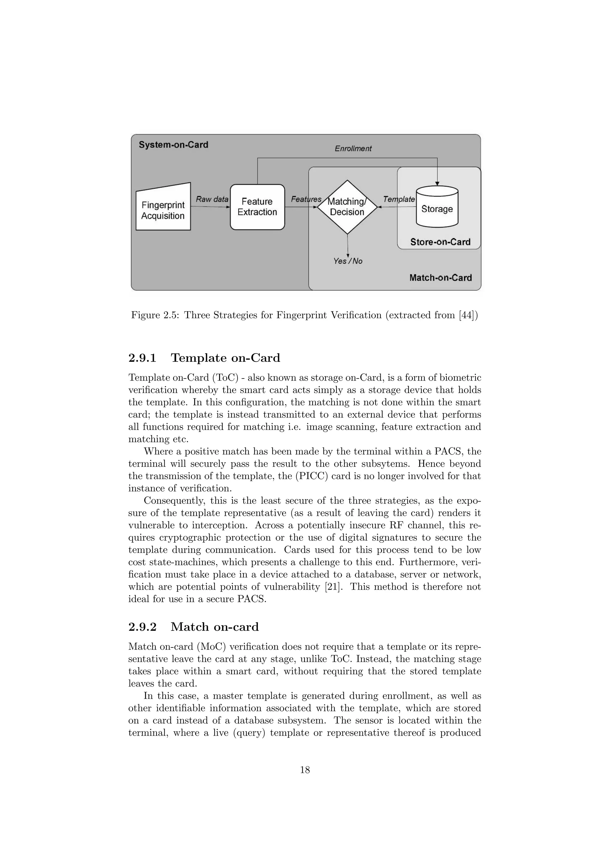 Figure 2.5: Three Strategies for Fingerprint Veriﬁcation (extracted from [44])
2.9.1 Template on-Card
Template on-Card (ToC) - also known as storage on-Card, is a form of biometric
veriﬁcation whereby the smart card acts simply as a storage device that holds
the template. In this conﬁguration, the matching is not done within the smart
card; the template is instead transmitted to an external device that performs
all functions required for matching i.e. image scanning, feature extraction and
matching etc.
Where a positive match has been made by the terminal within a PACS, the
terminal will securely pass the result to the other subsytems. Hence beyond
the transmission of the template, the (PICC) card is no longer involved for that
instance of veriﬁcation.
Consequently, this is the least secure of the three strategies, as the expo-
sure of the template representative (as a result of leaving the card) renders it
vulnerable to interception. Across a potentially insecure RF channel, this re-
quires cryptographic protection or the use of digital signatures to secure the
template during communication. Cards used for this process tend to be low
cost state-machines, which presents a challenge to this end. Furthermore, veri-
ﬁcation must take place in a device attached to a database, server or network,
which are potential points of vulnerability [21]. This method is therefore not
ideal for use in a secure PACS.
2.9.2 Match on-card
Match on-card (MoC) veriﬁcation does not require that a template or its repre-
sentative leave the card at any stage, unlike ToC. Instead, the matching stage
takes place within a smart card, without requiring that the stored template
leaves the card.
In this case, a master template is generated during enrollment, as well as
other identiﬁable information associated with the template, which are stored
on a card instead of a database subsystem. The sensor is located within the
terminal, where a live (query) template or representative thereof is produced
18
 