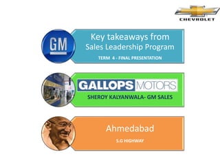 Key takeaways from
Sales Leadership Program
TERM 4 - FINAL PRESENTATION
Gallops Motors Pvt Ltd
SHEROY KALYANWALA- GM SALES
Ahmedabad
S.G HIGHWAY
 