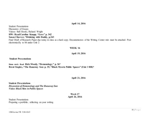 18 | P a g e
1500/Levine/TR 9:30-10:45
April 14, 2016
Student Presentations
Discussion of Essays
Videos: Bell Hooks, Richard Wright
HW: ReadCaroline Knapp, “Love” p. 342
Susan Cheever, “Drinking with Daddy, p.343
Final Draft of Research Paper due today in class as a hard copy. Documentation of the Writing Center visit must be attached. Post
electronically to bb under Unit 2
WEEK 16
April 19, 2016
Student Presentations
Home work: Read Rick Moody, “Demonology,” p. 36*
Brent Staples, “The Runaway Son: p. 35; “Black Menin Public Spaces” (Uint 3 BB)*
April 21, 2016
Student Presentations
Discussion of Demonology and The Runaway Sun
Video: Black Men in Public Spaces
Week 17
April 26, 2016
Student Presentations
Preparing a portfolio; reflecting on your writing
 