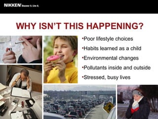 •Poor lifestyle choices
•Habits learned as a child
•Environmental changes
•Pollutants inside and outside
•Stressed, busy lives
 