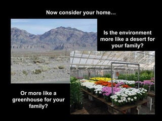 Now consider your home…
Is the environment
more like a desert for
your family?
Or more like a
greenhouse for your
family?
 
