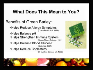 What Does This Mean to You?
Benefits of Green Barley:
•Helps Reduce Allergy Symptoms
(Chem Pharm Bull. 1999)
•Helps Balance pH
•Helps Strengthen Immune System
(Japan Pharm Science. 1981)
•Helps Balance Blood Glucose
(Diabetes, 1997)
•Helps Reduce Cholesterol
(J. Nutrition Science Vit. 1993)
 