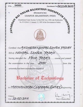 Bachelor Of Technology Mechanical Final Certificate | PDF