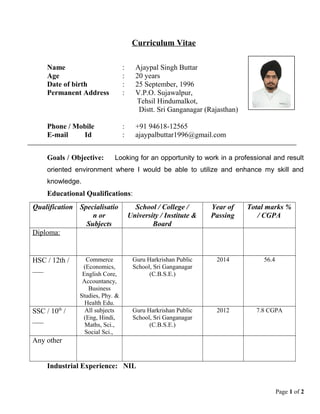 Curriculum Vitae
Name : Ajaypal Singh Buttar
Age : 20 years
Date of birth : 25 September, 1996
Permanent Address : V.P.O. Sujawalpur,
Tehsil Hindumalkot,
Distt. Sri Ganganagar (Rajasthan)
Phone / Mobile : +91 94618-12565
E-mail Id : ajaypalbuttar1996@gmail.com
Goals / Objective: Looking for an opportunity to work in a professional and result
oriented environment where I would be able to utilize and enhance my skill and
knowledge.
Educational Qualifications:
Qualification Specialisatio
n or
Subjects
School / College /
University / Institute &
Board
Year of
Passing
Total marks %
/ CGPA
Diploma:
HSC / 12th /
___
Commerce
(Economics,
English Core,
Accountancy,
Business
Studies, Phy. &
Health Edu.
Guru Harkrishan Public
School, Sri Ganganagar
(C.B.S.E.)
2014 56.4
SSC / 10th
/
___
All subjects
(Eng, Hindi,
Maths, Sci.,
Social Sci.,
Guru Harkrishan Public
School, Sri Ganganagar
(C.B.S.E.)
2012 7.8 CGPA
Any other
Industrial Experience: NIL
Page 1 of 2
 