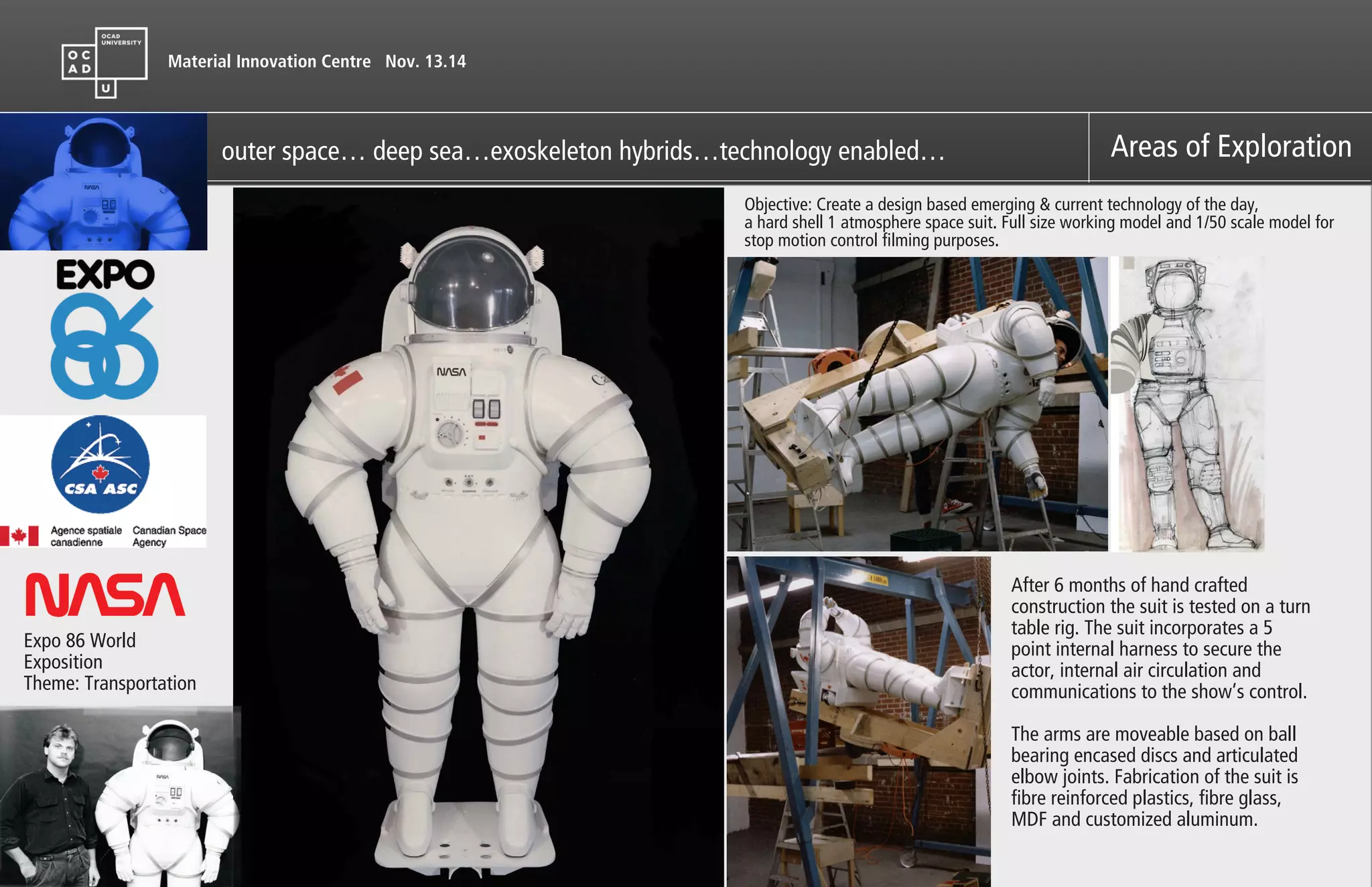 Material Innovation Centre Nov. 13.14
Areas of Exploration
Expo 86 World
Exposition
Theme: Transportation
After 6 months of hand crafted
construction the suit is tested on a turn
table rig. The suit incorporates a 5
point internal harness to secure the
actor, internal air circulation and
communications to the show’s control.
!
The arms are moveable based on ball
bearing encased discs and articulated
elbow joints. Fabrication of the suit is
fibre reinforced plastics, fibre glass,
MDF and customized aluminum.
outer space… deep sea…exoskeleton hybrids…technology enabled…
Objective: Create a design based emerging & current technology of the day,
a hard shell 1 atmosphere space suit. Full size working model and 1/50 scale model for
stop motion control filming purposes.
 