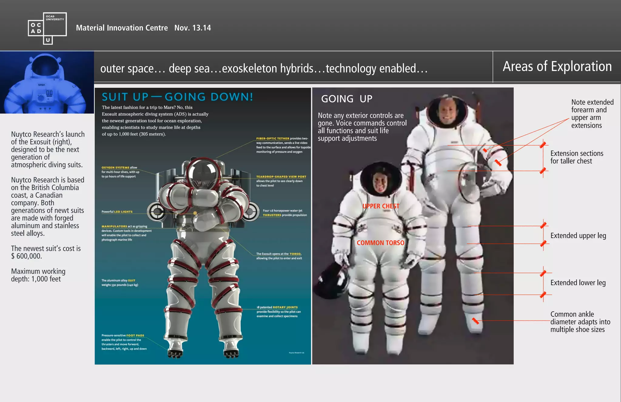 Material Innovation Centre Nov. 13.14
Areas of Explorationouter space… deep sea…exoskeleton hybrids…technology enabled…
GOING UP
COMMON TORSO
UPPER CHEST
Note extended
forearm and
upper arm
extensions
!
Extension sections
for taller chest
!
Extended upper leg
!
Extended lower leg
!
Common ankle
diameter adapts into
multiple shoe sizes
!
Note any exterior controls are
gone. Voice commands control
all functions and suit life
support adjustments
!
Nuytco Research’s launch
of the Exosuit (right),
designed to be the next
generation of
atmospheric diving suits.
!
Nuytco Research is based
on the British Columbia
coast, a Canadian
company. Both
generations of newt suits
are made with forged
aluminum and stainless
steel alloys.
!
The newest suit’s cost is
$ 600,000.
!
Maximum working
depth: 1,000 feet
!
 