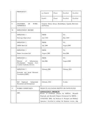 PROFICIENCY
e.g. English Fluent Excellent Excellent
Swahili Fluent Excellent Excellent
9 COUNTRIES OF WORK
EXPERIENCE
Tanzania, Ghana, Kenya, Mozambique, Uganda, Botswana
and Norway
10 EMPLOYMENT RECORD
EMPLOYER 1
Makongo High school
FROM:
July 1995
TO:
May 2000
EMPLOYER 2
CRDB Bank Ltd
FROM:
July 2000
TO:
August,2003
EMPLOYER 3
Daima Associates Ltd
FROM:
August, 2005
TO:
June,2006
EMPLOYER 4
Ministry of Infrastructure
Development: Tanzania Civil
Aviation Authority (TCAA)
FROM:
July,2006
TO:
August,2008
EMPLOYER 5
Economic and Social Research
Foundation (ESRF)
February,2008 February 2014
Self Employed: Independent
Researcher and Entrepreneur
February, 2014 To date
11 WORKS UNDERTAKEN PROJECTS AND PAPERS WRITTEN OR PARTICIPATED
2005
CONSULTANCY PROJECTS
Review of Evaluation Process for REPOAs’ Research
Proposals and Research Outputs (Contracted by REPOA –
TANZANIA 2005): By Professor S. Wangwe and Mbilinyi
Apronius ( Involved in writing the literature review, data
 