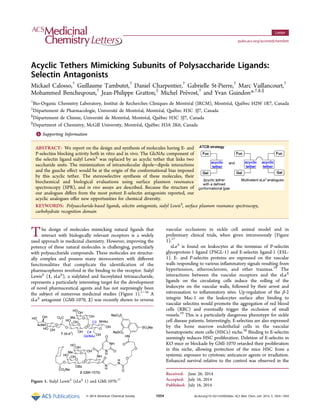 Acyclic Tethers Mimicking Subunits of Polysaccharide Ligands:
Selectin Antagonists
Mickael Calosso,†
Guillaume Tambutet,†
Daniel Charpentier,†
Gabrielle St-Pierre,†
Marc Vaillancourt,†
Mohammed Bencheqroun,†
Jean-Philippe Gratton,‡
Michel Prévost,†
and Yvan Guindon*,†,§,∥
†
Bio-Organic Chemistry Laboratory, Institut de Recherches Cliniques de Montréal (IRCM), Montréal, Québec H2W 1R7, Canada
‡
Département de Pharmacologie, Université de Montréal, Montréal, Québec H3C 3J7, Canada
§
Département de Chimie, Université de Montréal, Montréal, Québec H3C 3J7, Canada
∥
Department of Chemistry, McGill University, Montréal, Québec H3A 2K6, Canada
*S Supporting Information
ABSTRACT: We report on the design and synthesis of molecules having E- and
P-selectins blocking activity both in vitro and in vivo. The GlcNAc component of
the selectin ligand sialyl LewisX
was replaced by an acyclic tether that links two
saccharide units. The minimization of intramolecular dipole−dipole interactions
and the gauche eﬀect would be at the origin of the conformational bias imposed
by this acyclic tether. The stereoselective synthesis of these molecules, their
biochemical and biological evaluations using surface plasmon resonance
spectroscopy (SPR), and in vivo assays are described. Because the structure of
our analogues diﬀers from the most potent E-selectin antagonists reported, our
acyclic analogues oﬀer new opportunities for chemical diversity.
KEYWORDS: Polysaccharide-based ligands, selectin antagonists, sialyl LewisX
, surface plasmon resonance spectroscopy,
carbohydrate recognition domain
The design of molecules mimicking natural ligands that
interact with biologically relevant receptors is a widely
used approach in medicinal chemistry. However, improving the
potency of these natural molecules is challenging, particularly
with polysaccharide compounds. These molecules are structur-
ally complex and possess many stereocenters with diﬀerent
functionalities that complicate the identiﬁcation of the
pharmacophores involved in the binding to the receptor. Sialyl
LewisX
(1, sLeX
), a sialylated and fucosylated tetrasaccharide,
represents a particularly interesting target for the development
of novel pharmaceutical agents and has not surprisingly been
the subject of numerous medicinal studies (Figure 1).1−16
A
sLeX
antagonist (GMI-1070, 2) was recently shown to reverse
vascular occlusions in sickle cell animal model and in
preliminary clinical trials, when given intravenously (Figure
1).17
sLeX
is found on leukocytes at the terminus of P-selectin
glycoprotein-1 ligand (PSGL-1) and E-selectin ligand-1 (ESL-
1). E- and P-selectin proteins are expressed on the vascular
walls responding to various inﬂammatory signals resulting from
hypertension, atherosclerosis, and other traumas.18
The
interactions between the vascular receptors and the sLeX
ligands on the circulating cells induce the rolling of the
leukocyte on the vascular walls, followed by their arrest and
extravasation to inﬂammatory sites. Up-regulation of the β-2
integrin Mac-1 on the leukocytes surface after binding to
vascular selectins would promote the aggregation of red blood
cells (RBC) and eventually trigger the occlusion of small
vessels.19
This is a particularly dangerous phenotype for sickle
cell disease patients. Interestingly, E-selectins are also expressed
by the bone marrow endothelial cells in the vascular
hematopoietic stem cells (HSCs) niche.20
Binding to E-selectin
seemingly induces HSC proliferation. Deletion of E-selectin in
KO mice or blockade by GMI-1070 retarded their proliferation
in this niche, allowing protection of the mice HSC from a
systemic exposure to cytotoxic anticancer agents or irradiation.
Enhanced survival relative to the control was observed in the
Received: June 26, 2014
Accepted: July 16, 2014
Published: July 16, 2014
Figure 1. Sialyl LewisX
(sLeX
1) and GMI-1070.17
Letter
pubs.acs.org/acsmedchemlett
© 2014 American Chemical Society 1054 dx.doi.org/10.1021/ml500266x | ACS Med. Chem. Lett. 2014, 5, 1054−1059
 