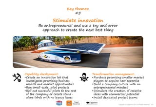 161Copyright © Capgemini 2015. All Rights Reserved
Key themes:
#5
Stimulate innovation
Be entrepreneurial and use a try and error
approach to create the next best thing
Capability development:
• Create an innovation lab that
investigates promising business
models and market opportunities
• Run small-scale, pilot projects
• Roll out successful pilots to the rest
of the company or create stand-
alone labels with no legacy issues
Transformation management:
• Purchase promising smaller market
players to acquire new expertise
• Build a company culture with an
entrepreneurial mindset
• Stimulate the creation of creative
ideas with commercial potential
• Install dedicated project teams
161Copyright © Capgemini 2015. All Rights Reserved
 