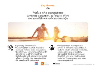 162Copyright © Capgemini 2015. All Rights Reserved
Key themes:
#6
Value the ecosystem
Embrace disruption, co-create offers
and establish win-win partnerships
Capability development:
• Acquire other market players to
increase vertical chain integration
• Develop win-win partnerships with
companies in other industries
• Collaborate with disruptive market
players to seize new opportunities
• Co-create with customers
Transformation management:
• Create a network organization /
culture, which operates borderless,
collaborative and is digitally
‘connected’ to its environment
• Establish win-win relationships
based on transparency and open
risk management
162Copyright © Capgemini 2015. All Rights Reserved
 