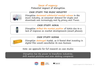 21Copyright © Capgemini 2015. All Rights Reserved
Sense of urgency:
Potential impact of disruption
21Copyright © Capgemini 2015. All Rights Reserved
Disruption decreased substantial market volume in the
music industry, as consumer demand for singles and
downloads was increasingly met by piracy and iTunes.
CASE STUDY: THE MUSIC INDUSTRY
Disruption shifted the market position of Nokia due to a
lack of response on market developments (smart phones).
CASE STUDY: NOKIA
Disruption destroyed Kodak, as it feared that investing in
digital film would cannibalize its own business.
CASE STUDY: KODAK
Note: see appendix for full research on case studies
Disruption has the power to transform industries,
shift market positions and even destroy companies
 