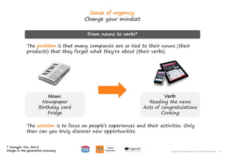 30Copyright © Capgemini 2015. All Rights Reserved
Sense of urgency:
Change your mindset
From nouns to verbs*
The solution is to focus on people’s experiences and their activities. Only
then can you truly discover new opportunities.
The problem is that many companies are so tied to their nouns (their
products) that they forget what they're about (their verbs).
Verb:
Reading the news
Acts of congratulations
Cooking
Noun:
Newspaper
Birthday card
Fridge
* Youngjin Yoo, 2015
Design in the generative economy 30Copyright © Capgemini 2015. All Rights Reserved
 