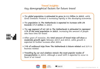 38Copyright © Capgemini 2015. All Rights Reserved
Travel insights:
Key demographical factors for future travel
 The global population is estimated to grow to 8,1 billion in 2025, while
Gross Domestic Product is increasing rapidly in the developing economies.
 The population in The Netherlands is expected to increase with 2%
towards 17.5 million in 2025.
 The age segment of 65-80 in The Netherlands is estimated to represent
17% of the total population in 2025, increasing the amount of people
who have time for travel.
 After years of recession, the total amount of travel trips will show a
moderate growth again between 2014 and 2018, while growth is
expected to further increase after 2018.
 79% of outbound trips from The Netherlands is leisure related and 21% is
business related.
 Travelling by car and airplane remain the most popular modes of
transportation in 2018, although a small shift is expected to occur in
favor of air travel.
38Copyright © Capgemini 2015. All Rights Reserved
 