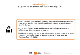 40Copyright © Capgemini 2015. All Rights Reserved
Travel insights:
Key economical factors for future travel (2/2)
 Dutch travelers show different spending behavior across continents with a
clear preference for total package deals in Africa and ‘accommodation
only’ in Europe.
 In the next decade, online spend will continue to increase in favor of
offline spend for Dutch retail in general.
 The travel industry has one of the highest online market shares of all retail
categories and online spend in travel is expected to show a further
increase of 23% in 2020.
40Copyright © Capgemini 2015. All Rights Reserved
 
