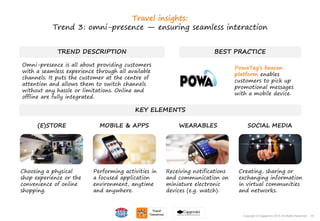 49Copyright © Capgemini 2015. All Rights Reserved
TREND DESCRIPTION
Omni-presence is all about providing customers
with a seamless experience through all available
channels. It puts the customer at the centre of
attention and allows them to switch channels
without any hassle or limitations. Online and
offline are fully integrated.
.
BEST PRACTICE
KEY ELEMENTS
Choosing a physical
shop experience or the
convenience of online
shopping.
Performing activities in
a focused application
environment, anytime
and anywhere.
Receiving notifications
and communication on
miniature electronic
devices (e.g. watch).
Creating, sharing or
exchanging information
in virtual communities
and networks.
(E)STORE MOBILE & APPS WEARABLES SOCIAL MEDIA
49Copyright © Capgemini 2015. All Rights Reserved
Travel insights:
Trend 3: omni-presence — ensuring seamless interaction
PowaTag’s beacon
platform enables
customers to pick up
promotional messages
with a mobile device.
 