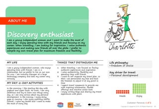 Life philosophy:
• Freedom of choice
ABOUT ME
Discovery enthusiast
I am a young independent woman and I want to make the most of
each day. I enjoy spending time with my friends and focusing on my
career. When travelling, I am looking for inspiration. I value authentic
experiences and making new friends all over the globe. I prefer to
compile my own travel plan for maximum freedom and flexibility.
MY LIFE
MY DAY-2-DAY ACTIVITIES
THINGS THAT DISTINGUISH ME
In the morning, I like starting the day with
yoghurt and super foods. At work, I am very
ambitious and try to learn new things every
day, as I am very serious about my personal
development. In the evening, I enjoy doing
yoga or running. I also enjoy watching Netflix.
Overall, I value my health and I want to make
the most of every day.
I am a young independent woman, who enjoys
spending time with friends. I am in a
relationship, but we prefer to live on our own
for now. I am Industry Manager at a large
technology company and take my career very
seriously.
1. When traveling, I am focused on finding
authentic experiences and inspiration
2. I value authenticity, flexibility and
spending time with friends
3. I want to self-organize my travel plan, so
that I can personalize my trip and have
the freedom to adjust it at any point in
time
4. I expect travel companies to provide me
with inspiring information, flexible
offerings and intuitive online tools
5. I enjoy writing blogs and sharing my travel
experiences with peers
Hassle Enjoy
Customer Personas 1 of 2
Key driver for travel:
• Personal development
85Copyright © Capgemini 2015. All Rights Reserved
 