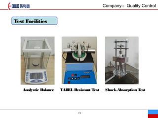 23
Test Facilities
Analystic Balance TABEL Resistant Test ShockAbsorption Test
Company-- Quality Control
 