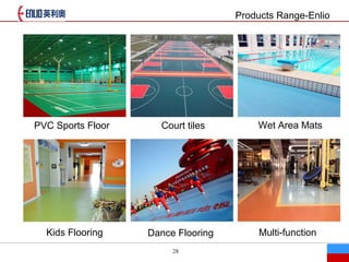 28
Products Range-Enlio
˾Ʒ Ʒ

PVC Sports Floor Court tiles Wet Area Mats
Kids Flooring Dance Flooring Multi-function
 