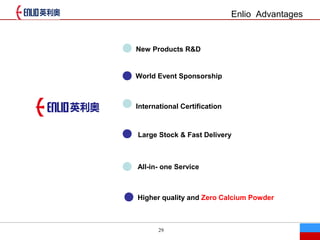 29
New Products R&D
World Event Sponsorship
International Certification
Large Stock & Fast Delivery
All-in- one Service
Higher quality and Zero Calcium Powder
Enlio Advantages
 