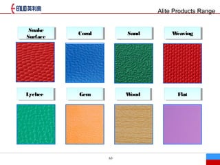 63
Snake
Surface
Snake
Surface
CoralCoral SandSand WeavingWeaving
LycheeLychee GemGem WoodWood FlatFlat
Alite Products Range
 