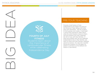 KLYDE WARREN PARK | FIFTH GRADE LESSONS
126
BIGIDEA
PHYSICAL EDUCATION
Provide a brief history of how
Independence Day began focusing on
the American Flag’s design and what
each part represents. Ask the student
to form groups and create a “word web”
in which they brainstorm ideas about
what the word freedom means to them.
Ask the students how they celebrate
the 4th of July with their families. If
there are students who do not celebrate
Independence Day in their families, ask
them to share how their families celebrate
special occasions. You may also consider
having the students cut the paper for
Station 3 and blow up the balloons for
Station 2 (see below).
PRE-TOUR TEACHING
FOURTH OF JULY
FITNESS
Students learn about
the importance of
cardiovascular fitness
while celebrating
Independence Day.
 