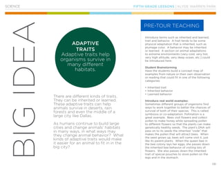 FIFTH GRADE LESSONS | KLYDE WARREN PARK
131
BIGIDEA
SCIENCE
Introduce terms such as inherited and learned,
trait and behavior. A trait tends to be some
physical adaptation that is inherited, such as
plumage color. A behavior may be inherited
or learned. A section on animal adaptations
to extreme environments (very cold, very hot,
very high altitude, very deep ocean, etc.) could
be introduced here.
Student Brainstorming
Have the students build a concept map of
examples from nature or their own observation
or reading that could fit in one of the following
categories:
•	Inherited trait
•	Inherited behavior
•	Learned behavior
Introduce real world examples:
Sometimes different groups of organisms find
ways to work together to better the chances of
survival of both of their species. This is called
symbiosis or co-adaptation. Pollination is a
great example. Bees visit flowers and collect
pollen to make honey while spreading pollen
to different flowers so that the plants can make
genetically healthy seeds. The plant’s DNA will
pass on to its seeds the inherited “code” that
makes the pollen that will attract bees. When
the seed grows up, bees will come visit it, just
like its parent plants. When the queen bee in
the bee colony lays her eggs, she passes down
the inherited bee behavior of visiting lots of
flowers. She also passes down the inherited
trait of special pouches to store pollen on the
legs and in the stomach.
There are different kinds of traits.
They can be inherited or learned.
These adaptive traits can help
animals survive in deserts, rain
forests and even the middle of a
large city like Dallas.
As humans continue to build large
cities and change animals’ habitats
in many ways, in what ways may
they change animal behavior? What
kinds of adaptive traits would make
it easier for an animal to fit in in the
big city?
PRE-TOUR TEACHING
ADAPTIVE
TRAITS
Adaptive traits help
organisms survive in
many different
habitats.
 